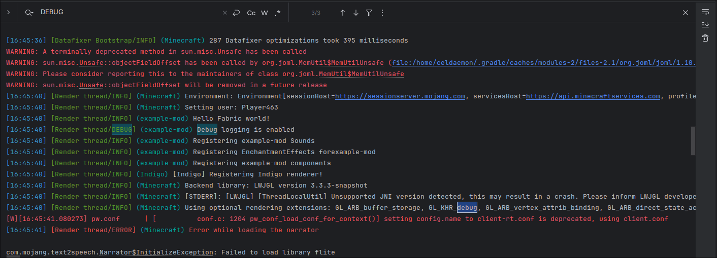 Console showing a debug log entry